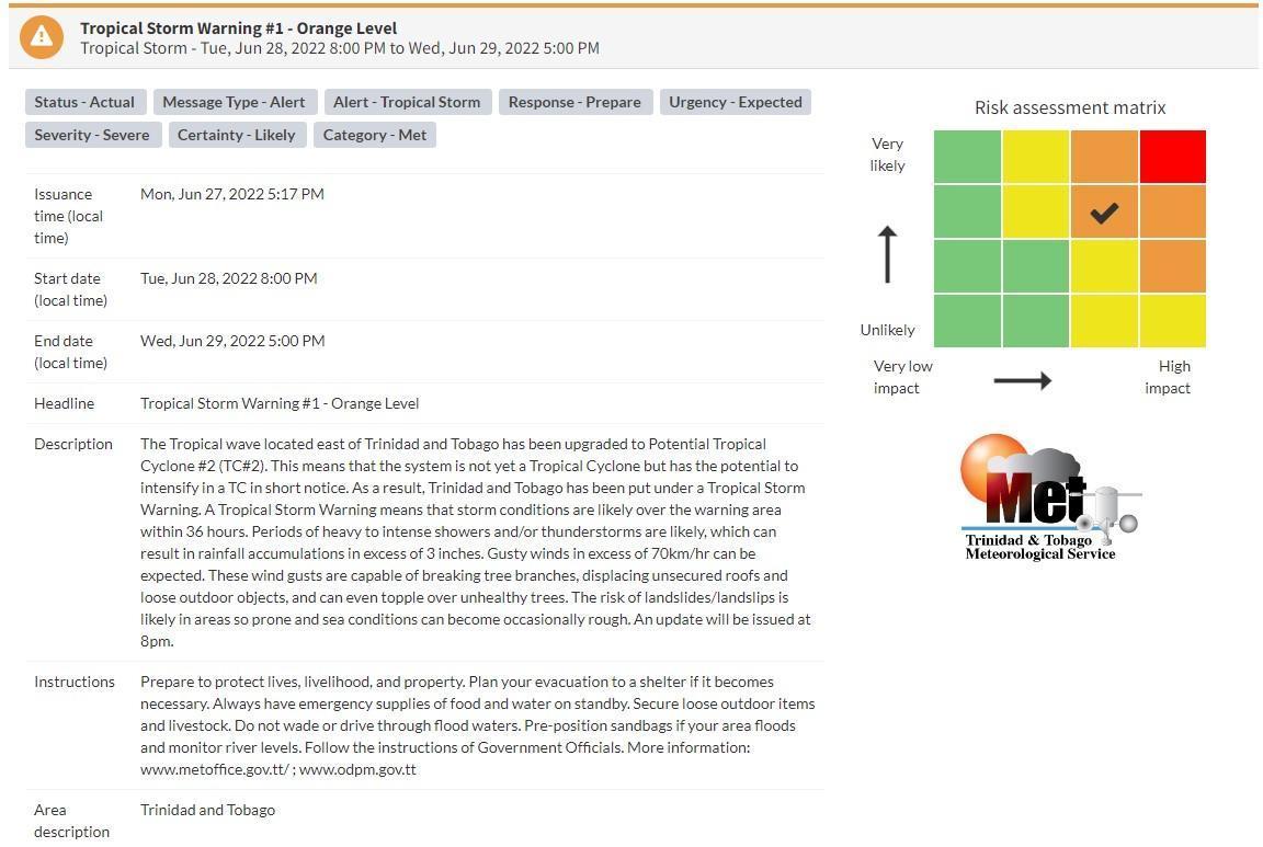 Tropical Storm Warning information from the Trinidad and Tobago Meteorological Service