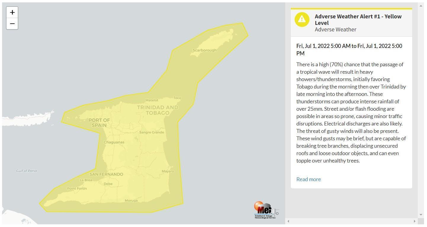 Adverse Weather Alert information from the Trinidad and Tobago Meteorological Service