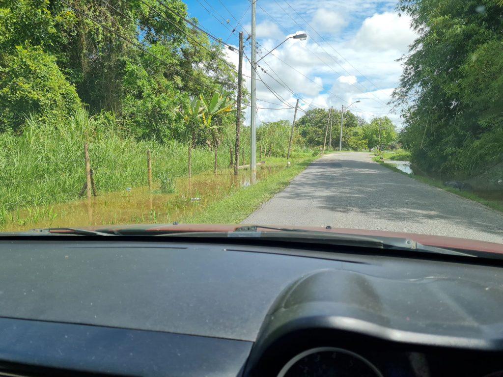Flooding along the Caroni Arena Road on Tuesday afternoon (Photo: George Krystal)