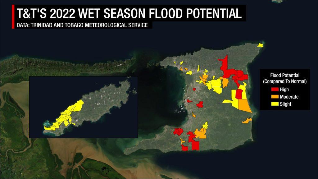 The 2022 Wet Season Flood Risk Potential compared to normal risk according to the Trinidad and Tobago Meteorological Service. Red indicates much higher than normal flood potential. Orange indicates moderately higher than normal flood potential, and yellow shows slightly higher than normal flood potential.
