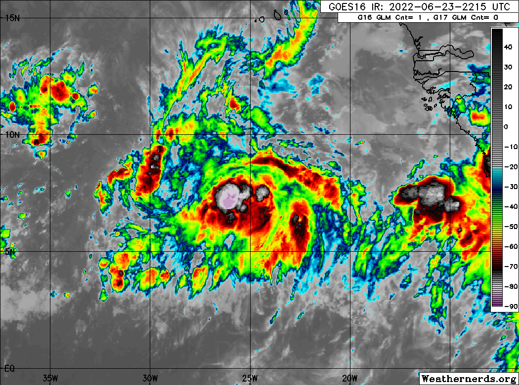 GOES-16 Infrared Satellite Imagery of Tropical Wave 12, showing deep convection associated with the wave in the far eastern Atlantic Ocean.