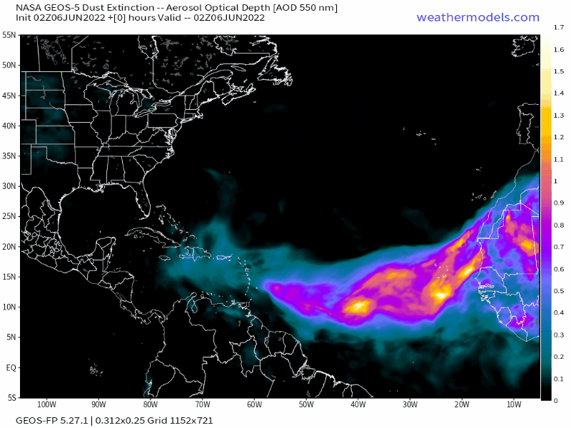 02Z Tuesday, June 7th 2022, NASA GEOS-5 Dust Extinction Model Monitoring Tropical Atlantic Sulphates Aerosol Optical Total showing Saharan Dust
