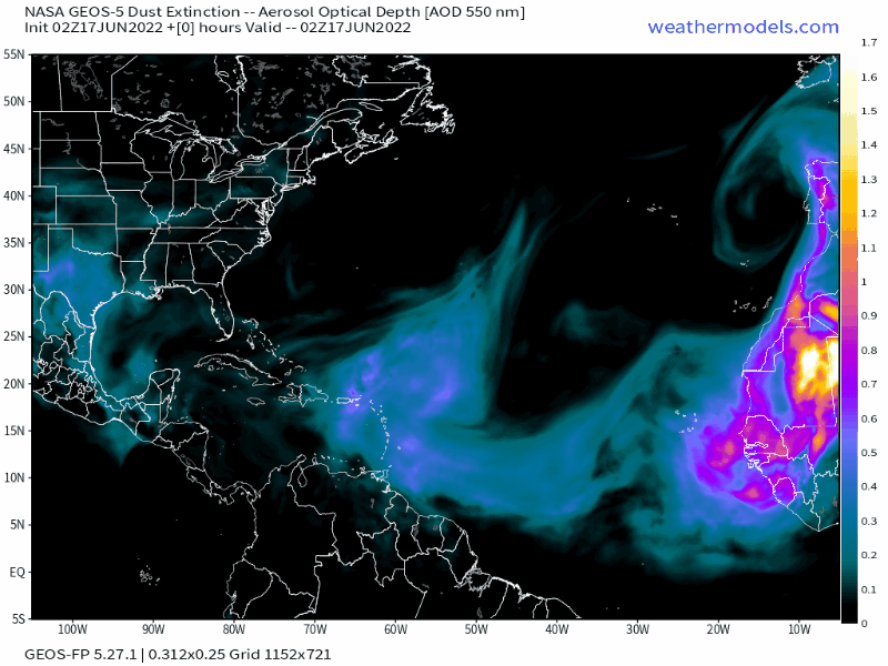 02Z Friday, June 17th, 2022, NASA GEOS-5 Dust Extinction Model Monitoring Tropical Atlantic Sulphates Aerosol Optical Total showing Saharan Dust
