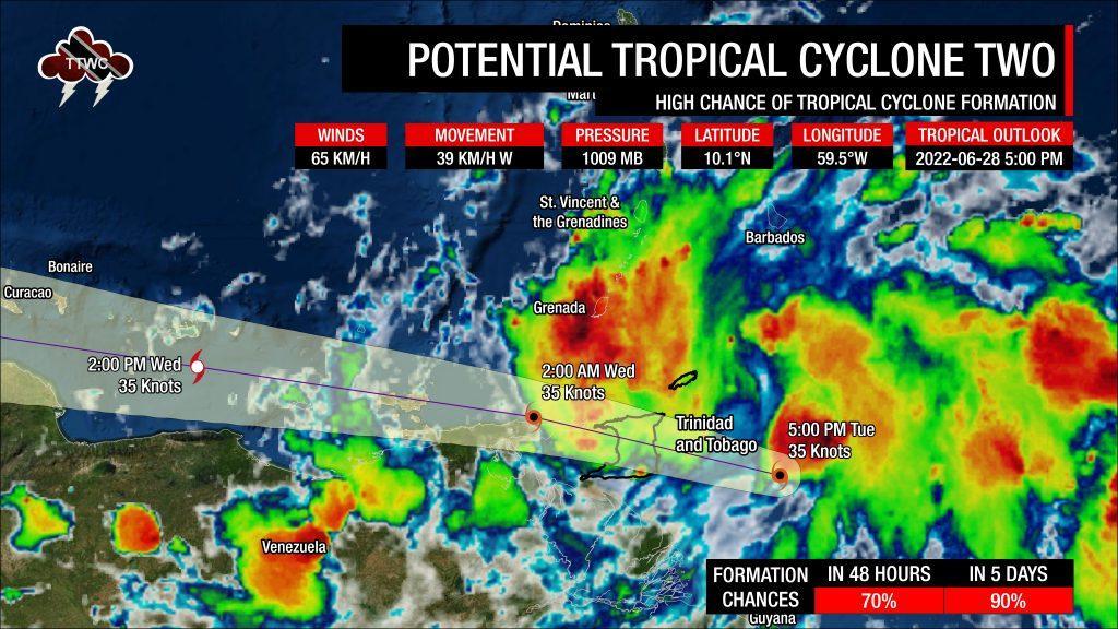 The latest track from the National Hurricane Center for Potential Tropical Cyclone Two as of 5:00 PM Tuesday, June 28th, 2022.
