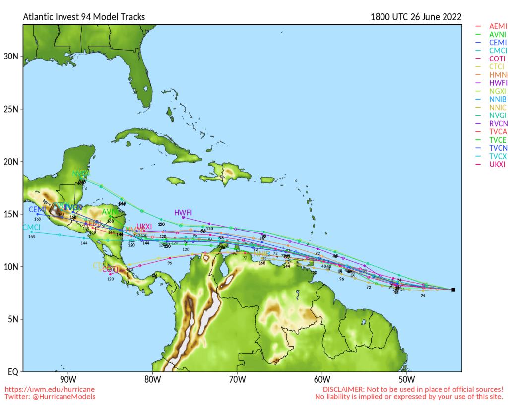 Spaghetti plots of different models as of 18Z Sunday, June 26th, 2022, showing possible tracks of Invest 94L over the next five to seven days. There is general agreement by Tuesday evening into Wednesday morning, Invest 94L will be moving across or near T&T. (Hurricane Models, University of Wisconsin-Milwaukee)