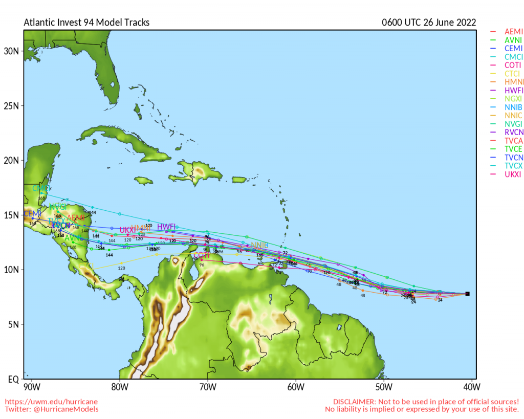 Spaghetti plots of different models as of 06Z Sunday, June 26th, 2022, showing possible tracks of Invest 94L over the next five to seven days. There is general agreement by Tuesday evening into Wednesday morning, Invest 94L will be moving across or near T&T. (Hurricane Models, University of Wisconsin-Milwaukee)