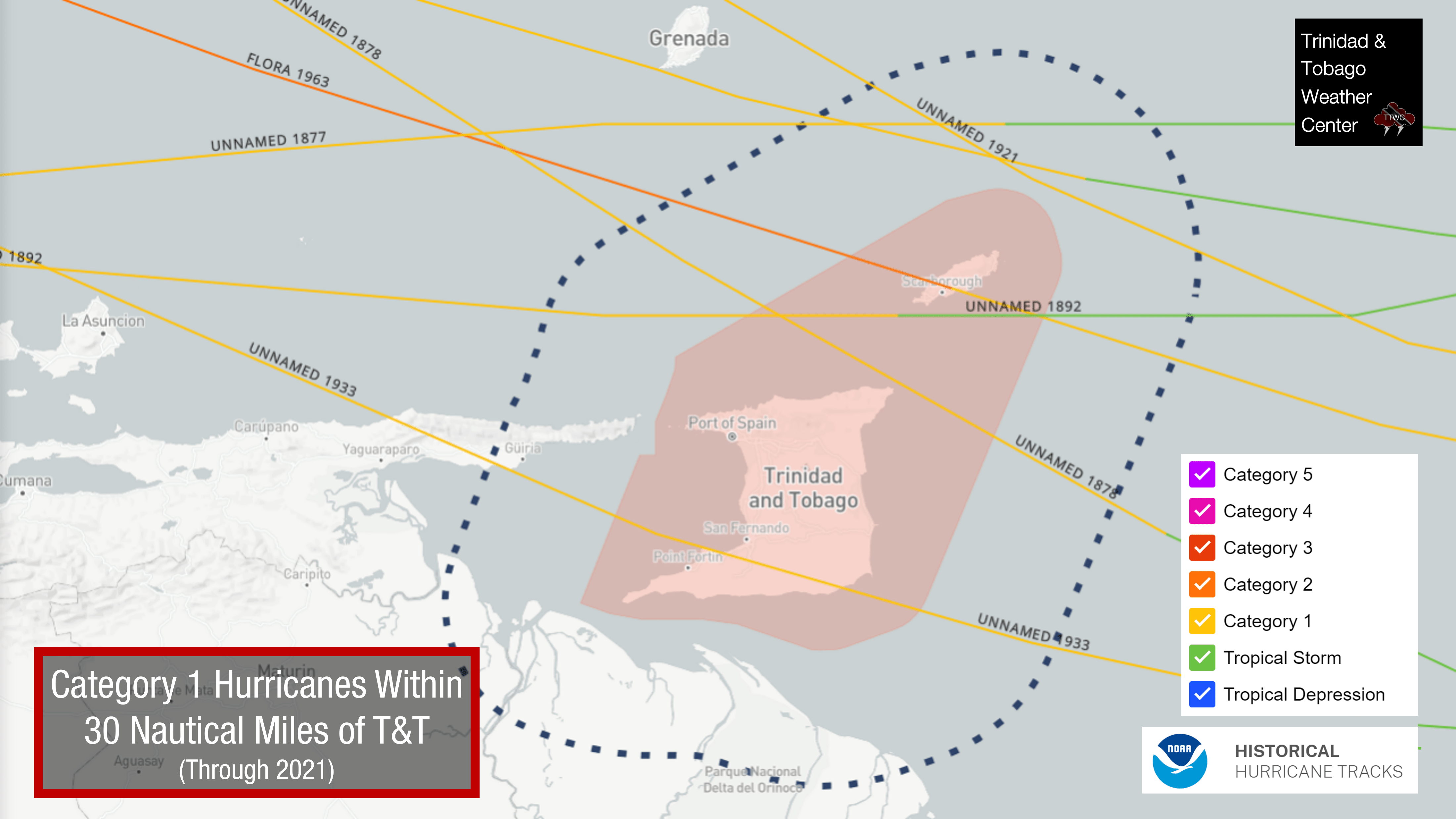 Tropical Cyclone History: Category 1 hurricanes within 30 nautical miles of Trinidad and Tobago since 1842. Data: NOAA National Hurricane Center HURDAT2 and NOAA National Centers for Environmental Information IBTrACS data sets.