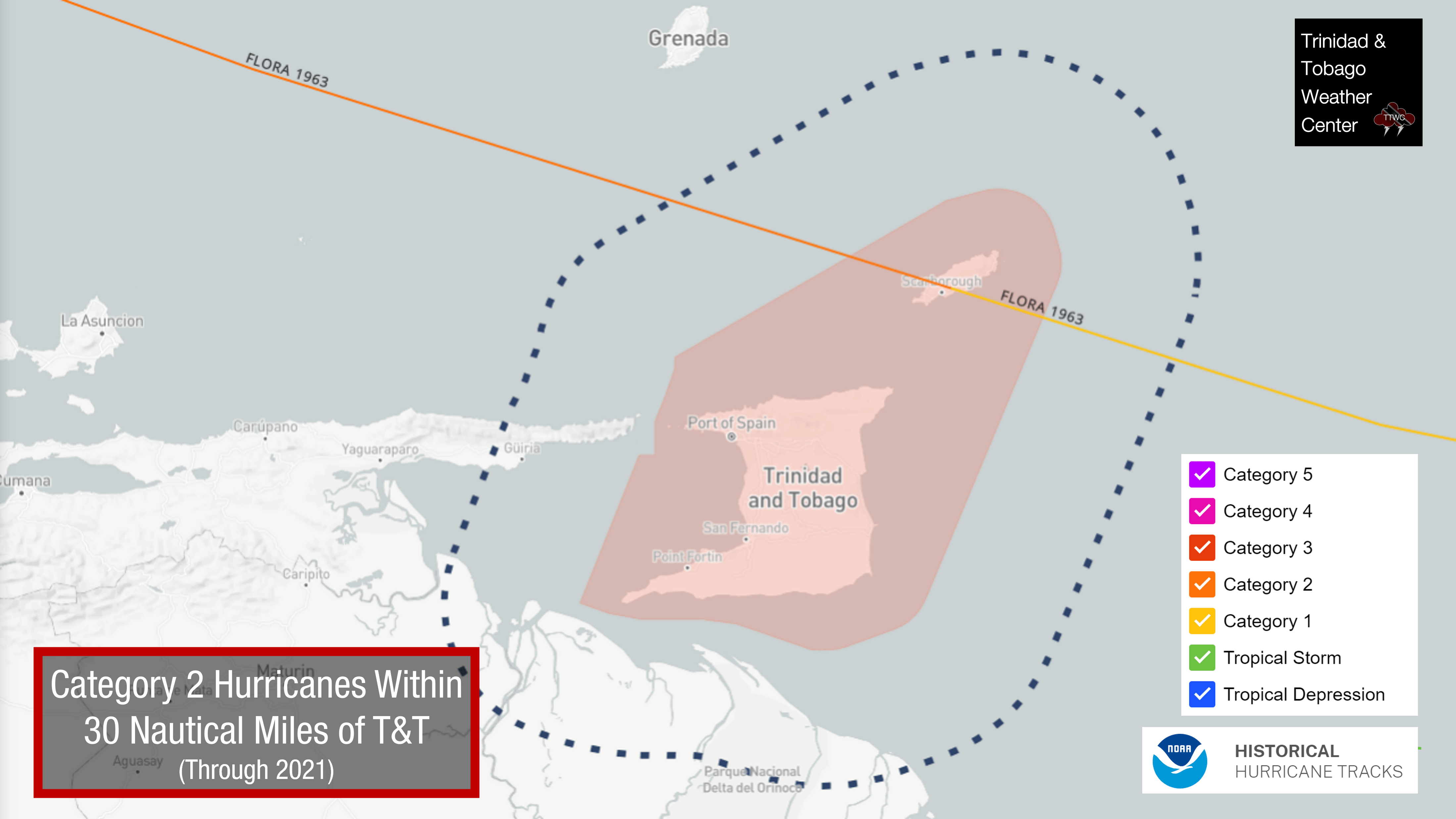 Tropical Cyclone History: Category 2 Hurricanes within 30 nautical miles of Trinidad and Tobago since 1842. Data: NOAA National Hurricane Center HURDAT2 and NOAA National Centers for Environmental Information IBTrACS data sets.