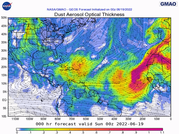 00Z Sunday, June 19th, 2022, NASA GEOS-5 Dust Extinction Model Monitoring Tropical Atlantic Sulphates Aerosol Optical Total showing Saharan Dust