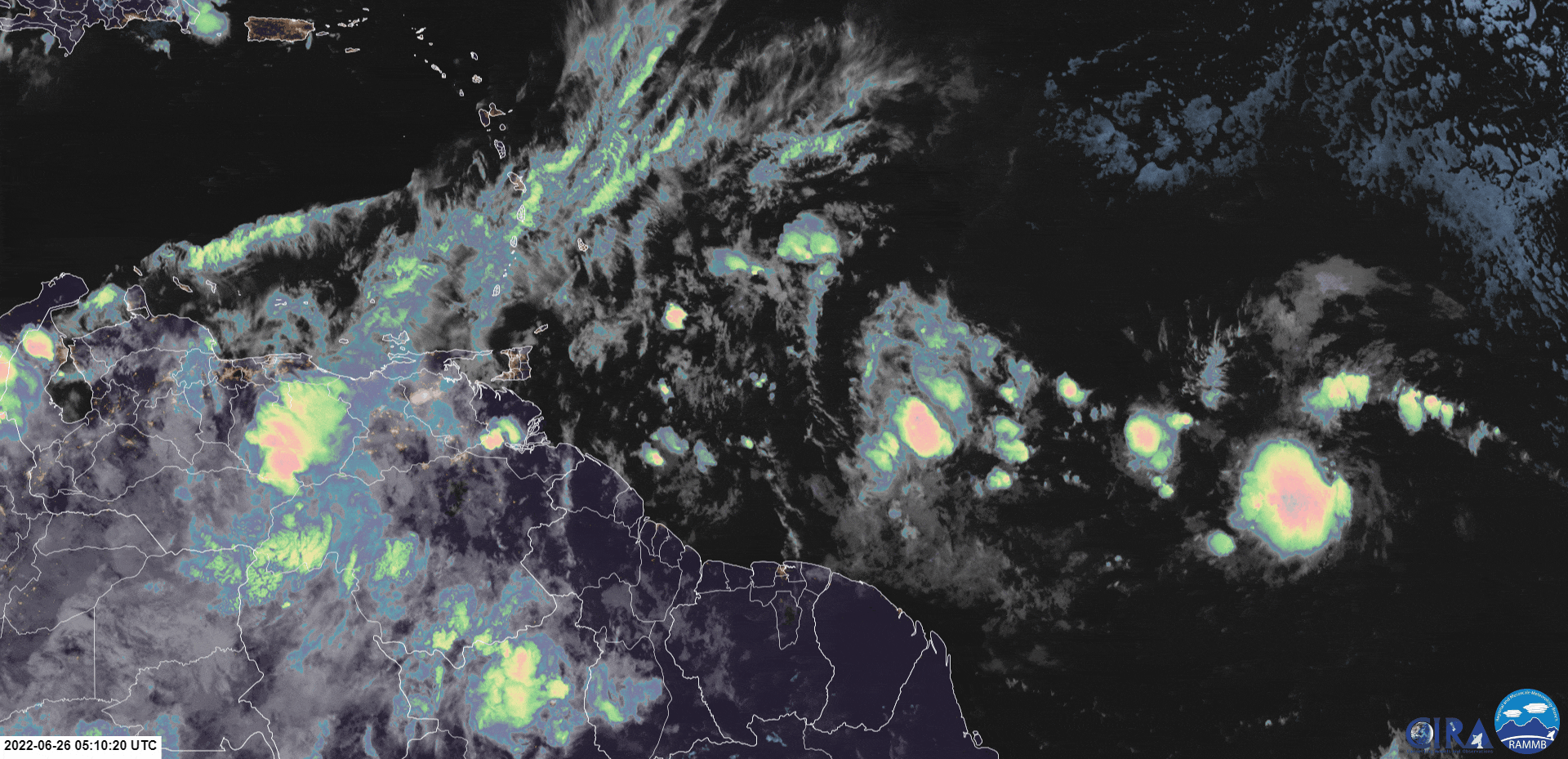 GOES-16 Infrared Satellite Imagery of Tropical Wave 12/Invest 94L, with deep convection associated with the disturbance in the central Tropical Atlantic Ocean.
