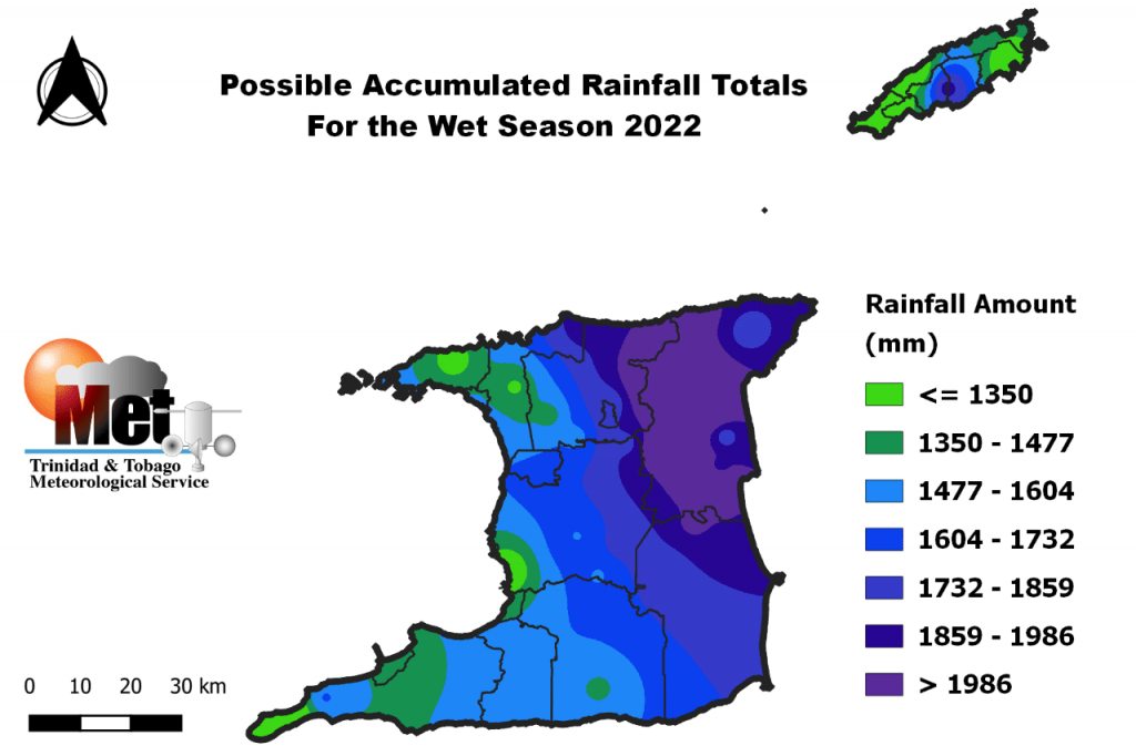 Possible accumulated rainfall totals with the highest chance of occurring during the 2022 Wet Season. (Trinidad and Tobago Meteorological Service)