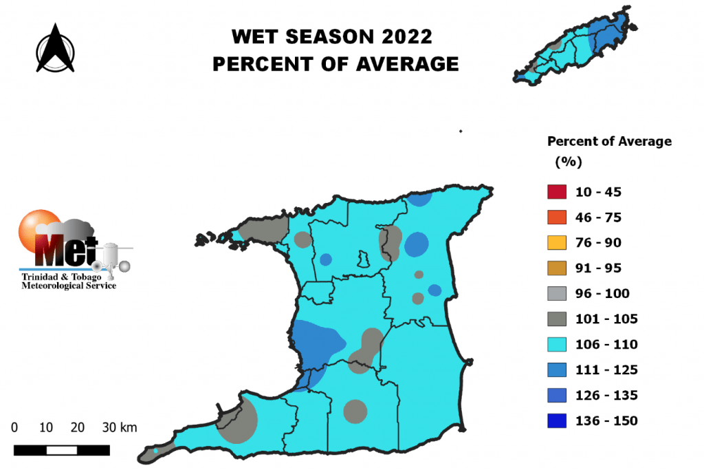 Percentage of average rainfall totals likely for the 2022 Wet Season (Trinidad and Tobago Meteorological Service)