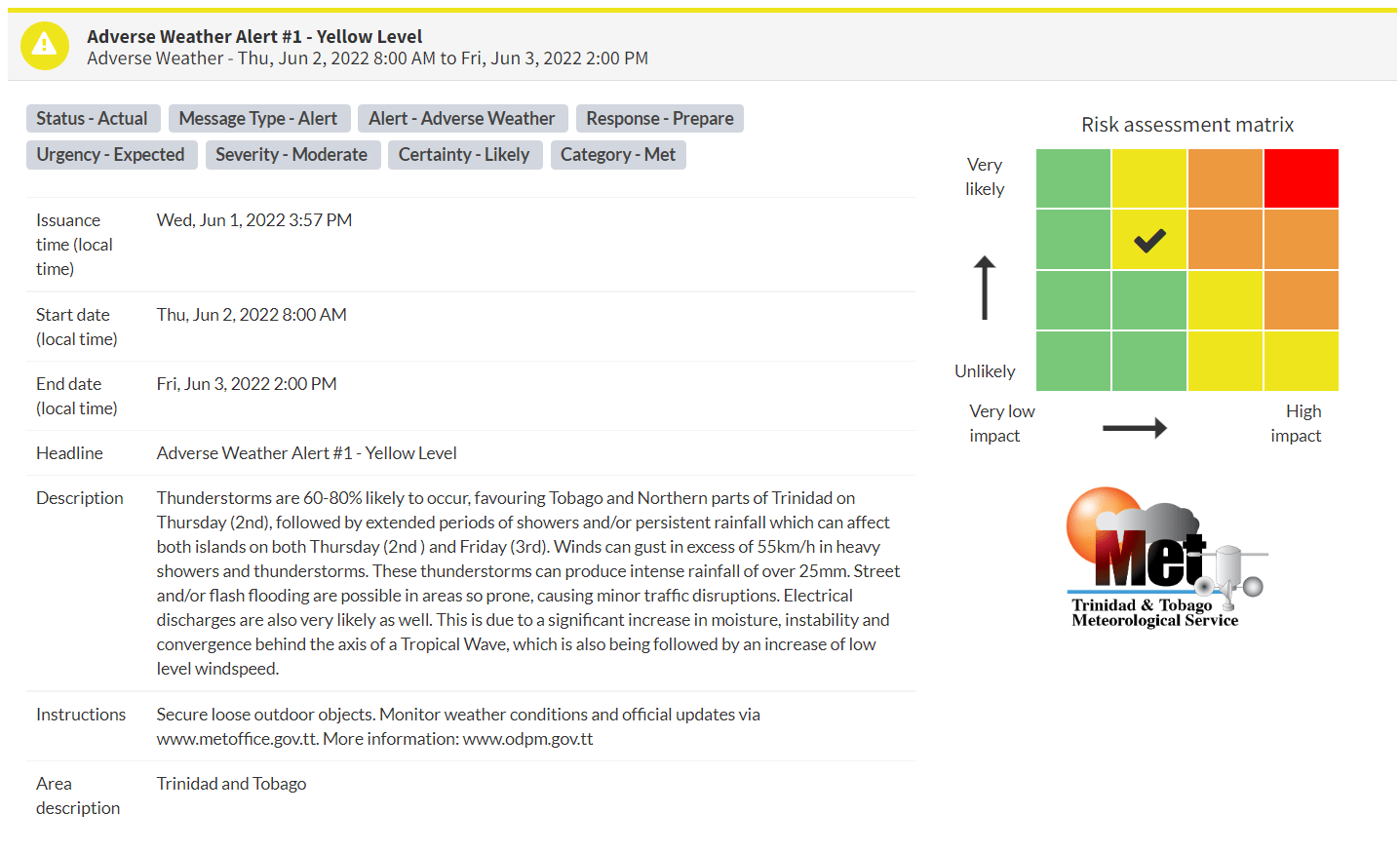 Adverse Weather Alert information from the Trinidad and Tobago Meteorological Service