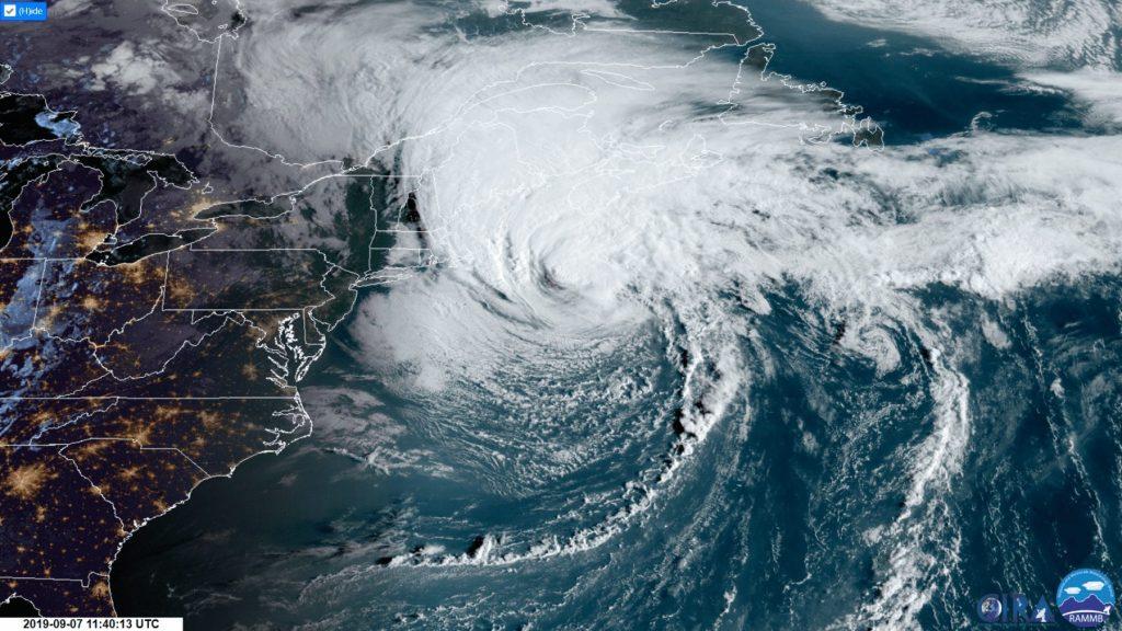 Hurricane Dorian undergoing extratropical transition in the North Atlantic on September 7th, 2019. Image: RAMMB/CIRA