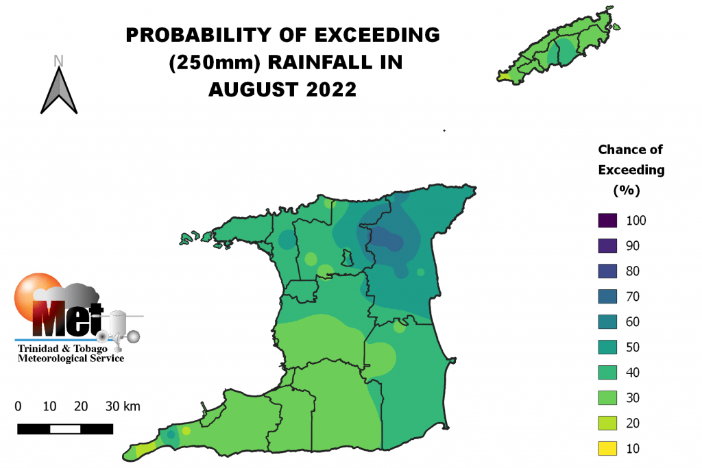 Chance of exceeding 250 mm of rainfall during August 2022. (Trinidad and Tobago Meteorological Service)