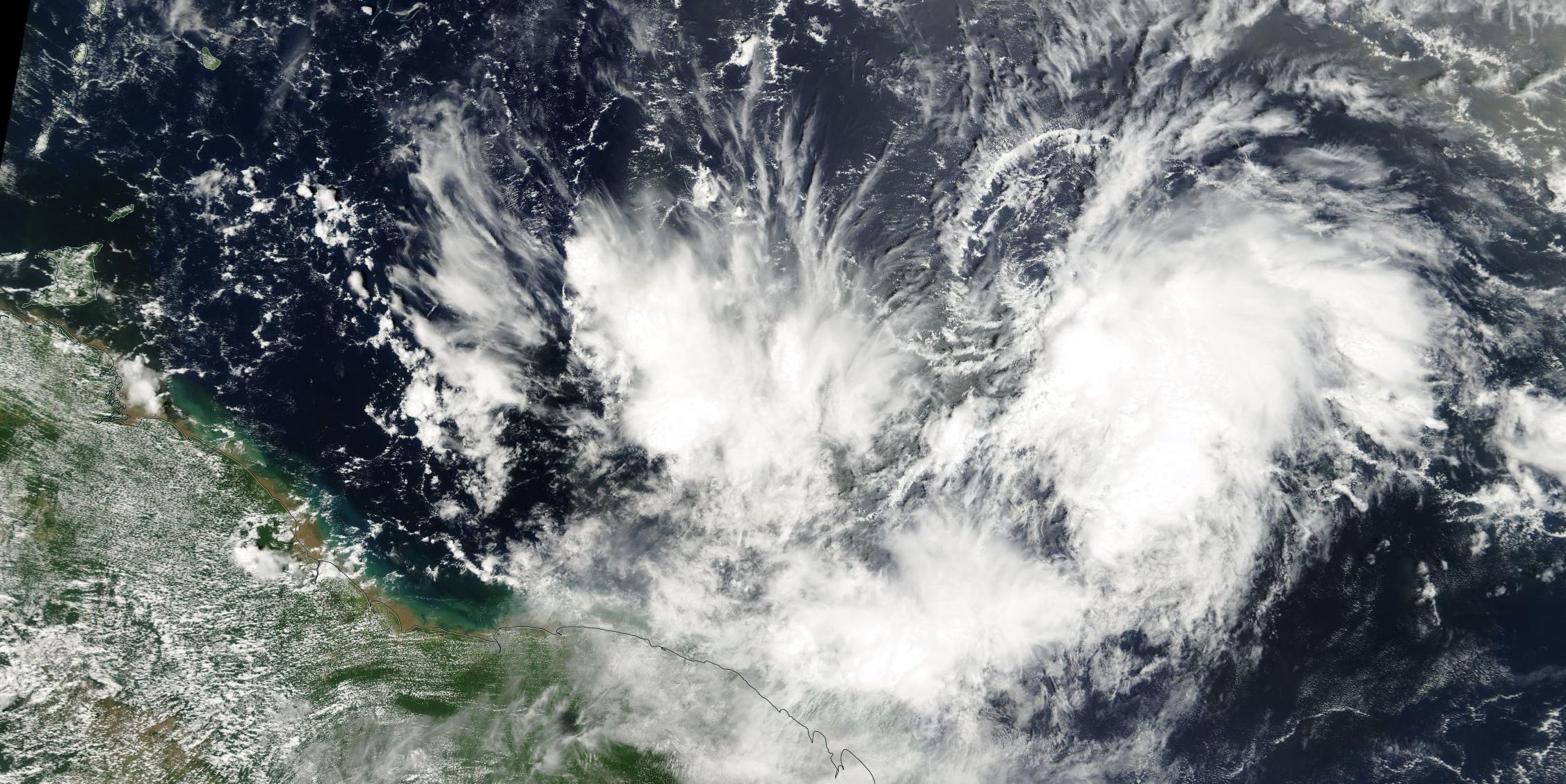 Category 1 Hurricane Joyce on September 29th, 2000 east of Trinidad and Tobago (far left). Joyce weakened into a tropical storm as it made landfall across Tobago shortly before 8:00 AM on October 1st, 2000. No serious damage was reported across T&T. Image: NASA Worldview/VIIRS