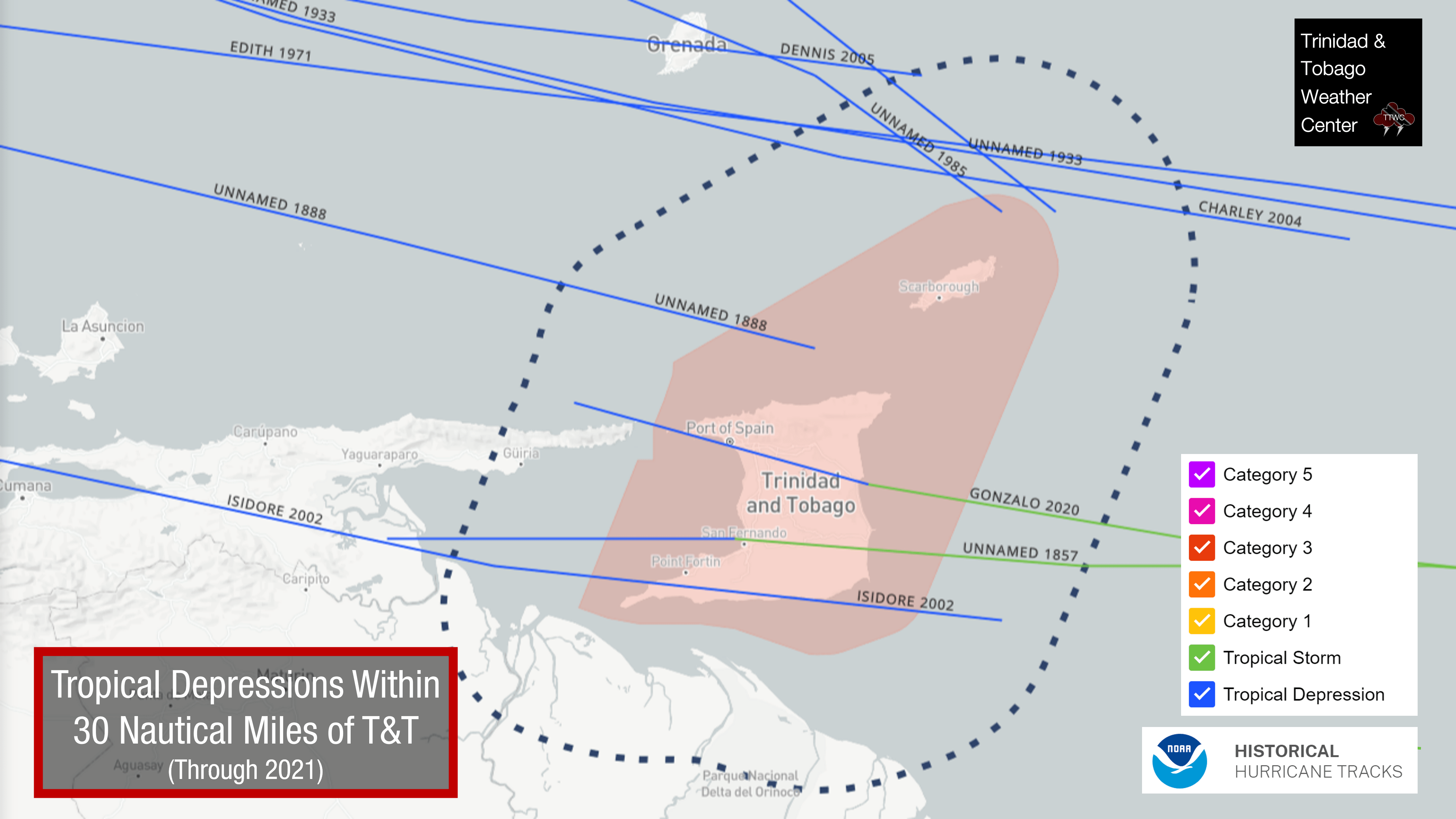 Tropical Cyclone History: Tropical Depressions within 30 nautical miles of Trinidad and Tobago since 1842. Data: NOAA National Hurricane Center HURDAT2 and NOAA National Centers for Environmental Information IBTrACS data sets.