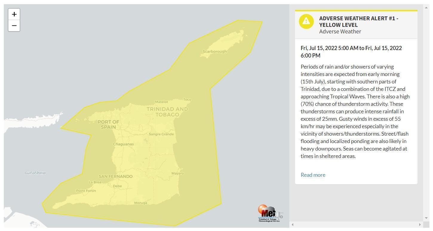 Adverse Weather Alert information from the Trinidad and Tobago Meteorological Service
