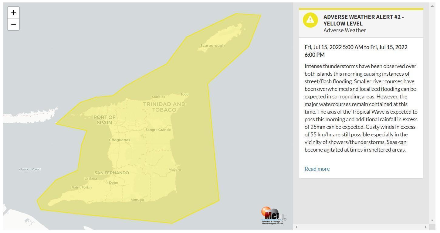Adverse Weather Alert information from the Trinidad and Tobago Meteorological Service