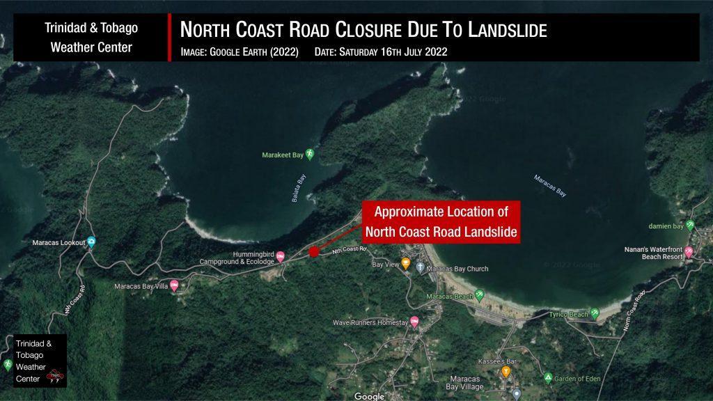 Approximate location of the North Coast Road landslide which has prompted officials to close the roadway temporarily.