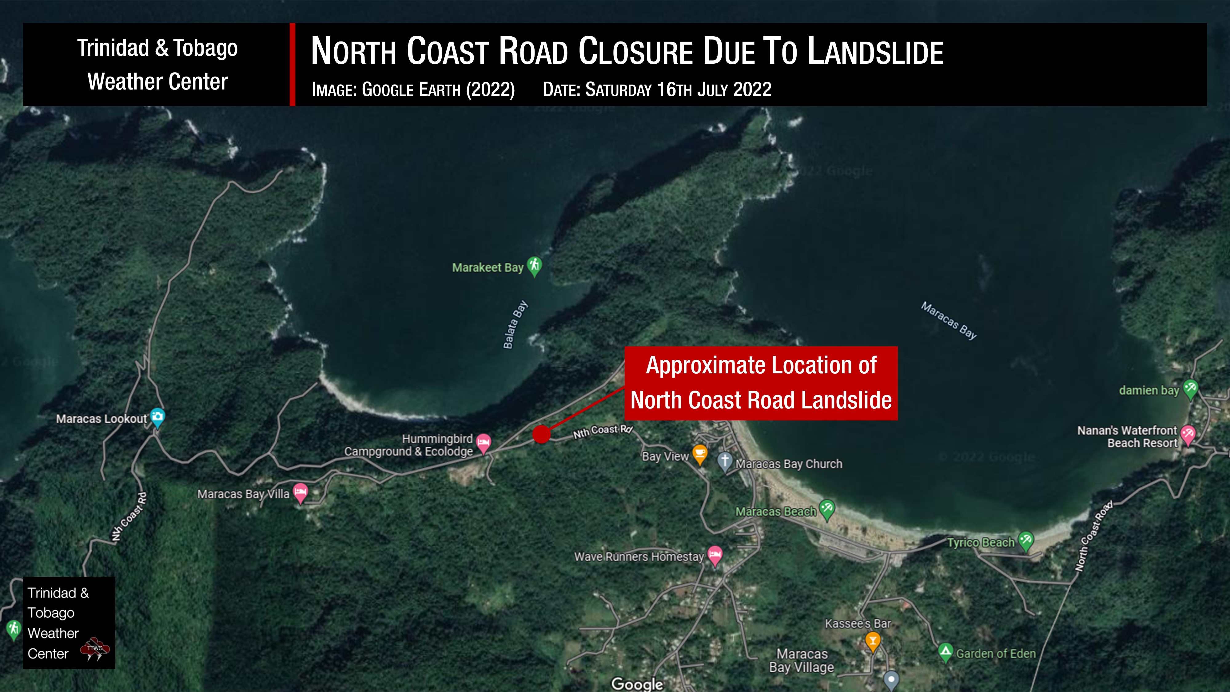Approximate location of the North Coast Road landslide which has prompted officials to close the roadway temporarily.