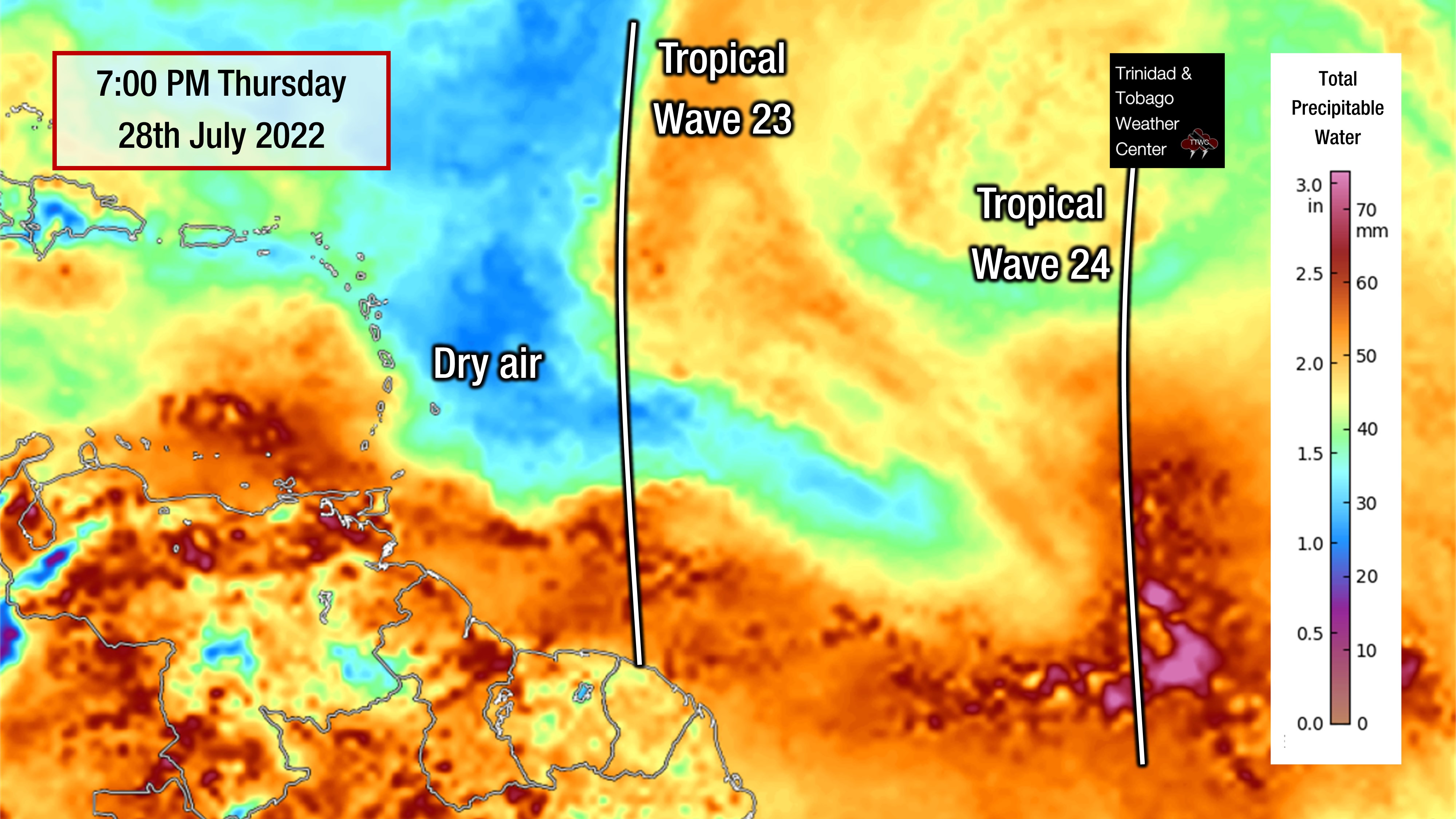 Total precipitable water imagery of the Tropical Atlantic as of 7:00 PM Thursday, July 28th, 2022. A trough brought increased moisture to T&T and the Southern Windwards, while an area of very dry air is set to move across the region on Friday, ahead of Tropical Wave 23. Higher moisture levels are set to move across the Leewards on Friday, July 29th, 2022.