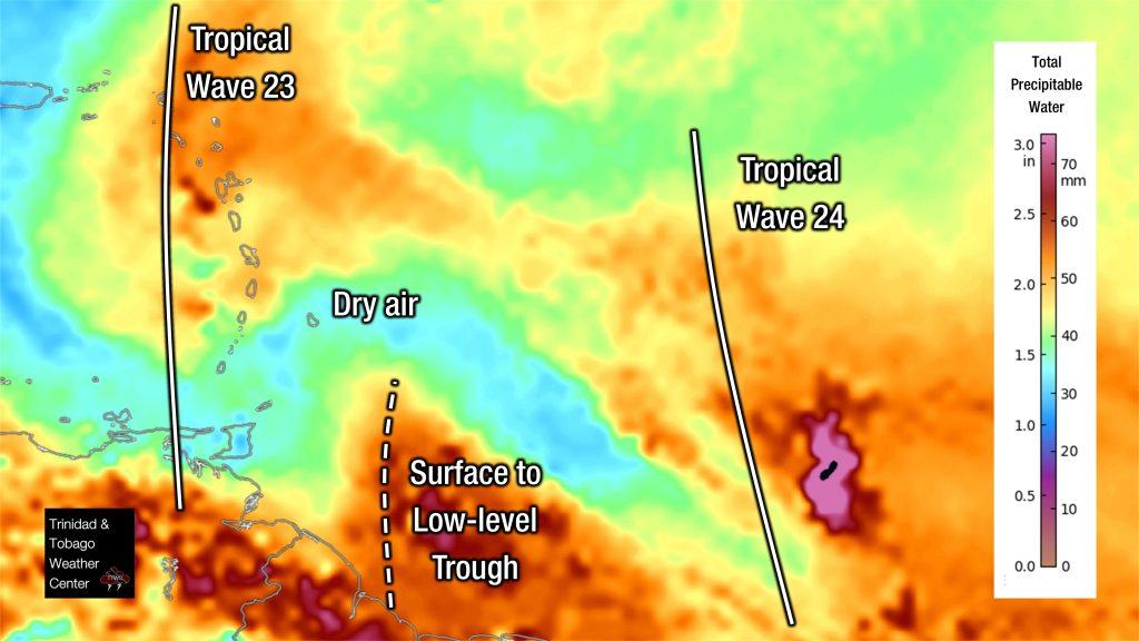 Total precipitable water imagery of the Tropical Atlantic as of 7:00 PM Friday, July 29th, 2022. A surface to low-level trough is approaching T&T