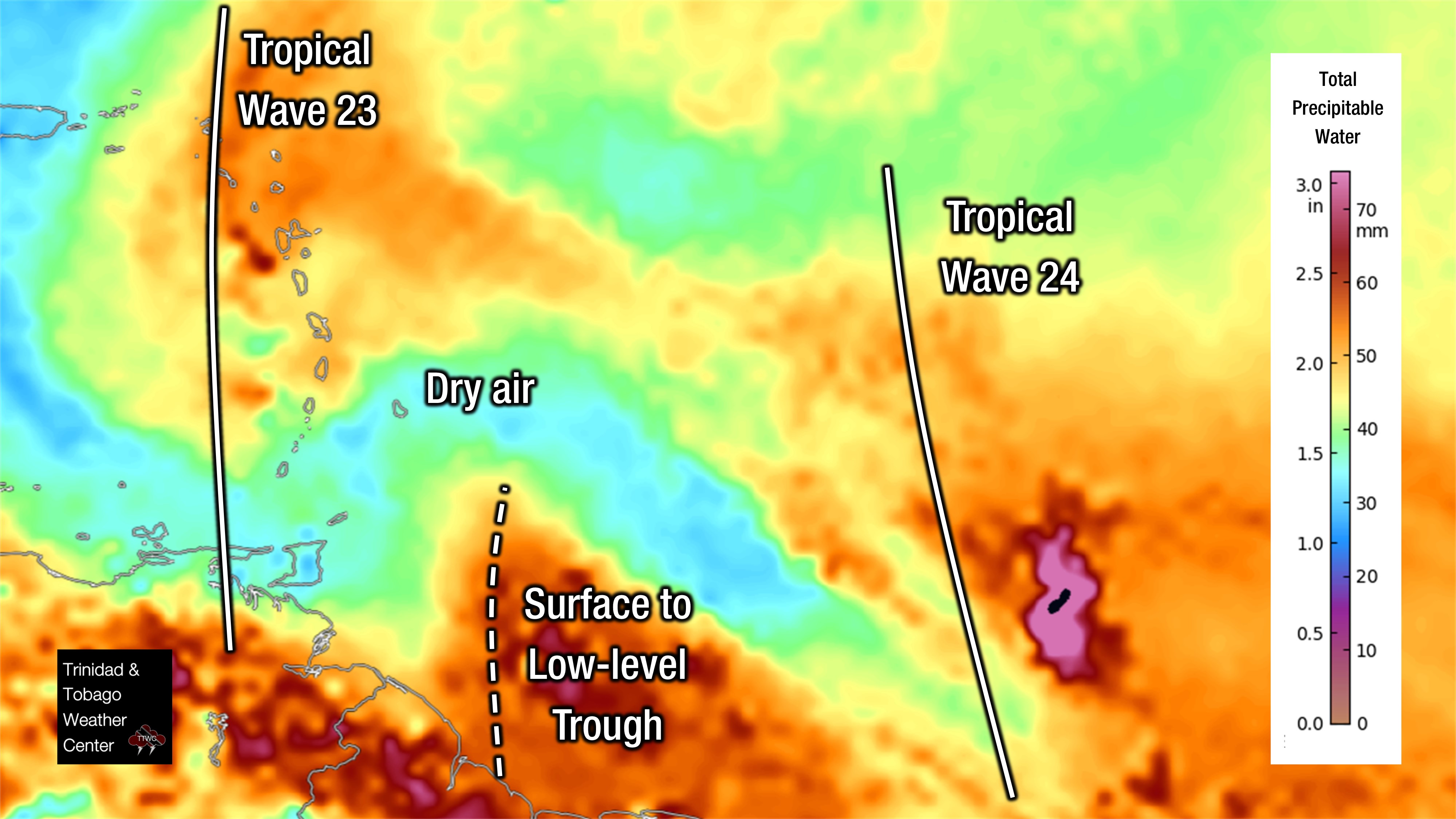 Total precipitable water imagery of the Tropical Atlantic as of 7:00 PM Friday, July 29th, 2022. A surface to low-level trough is approaching T&T