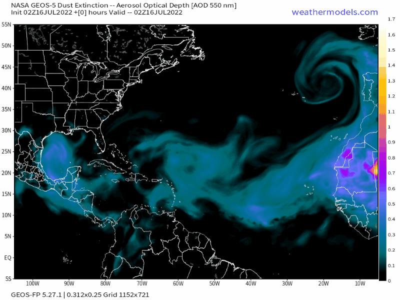 00Z Saturday, July 16th, 2022, NASA GEOS-5 Dust Extinction Model Monitoring Tropical Atlantic Sulphates Aerosol Optical Total showing Saharan Dust