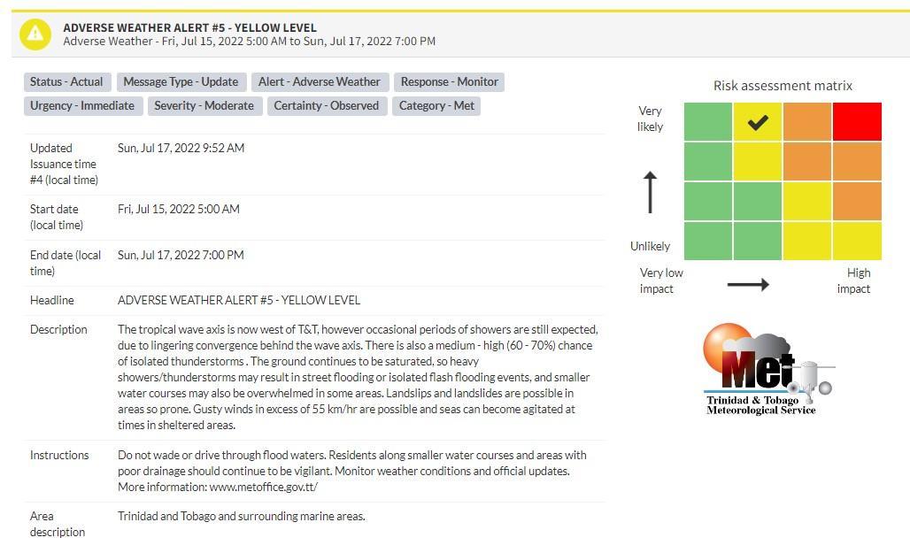 Adverse Weather Alert information from the Trinidad and Tobago Meteorological Service