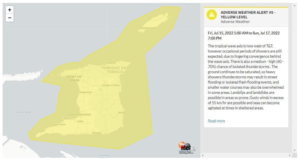 Adverse Weather Alert information from the Trinidad and Tobago Meteorological Service