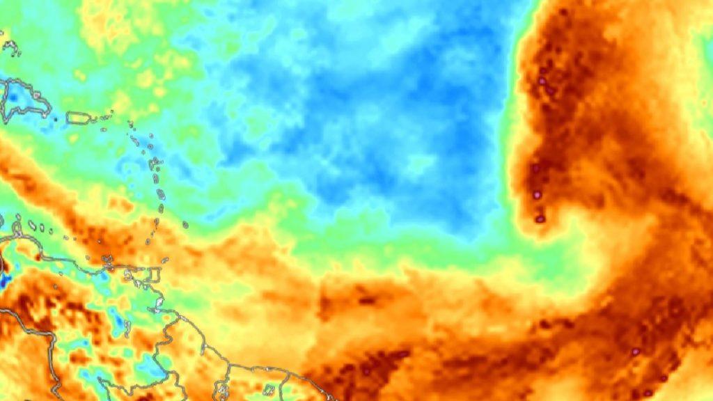 Total precipitable water imagery of the Tropical Atlantic as of 3:00 PM Tuesday, July 26th, 2022. A shearline is across the Southern Windwards with moderate to high moisture, while Tropical Wave 23 is in the Central Tropical Atlantic. Higher moisture levels are set to move across the Leewards on Friday, July 29th, 2022.