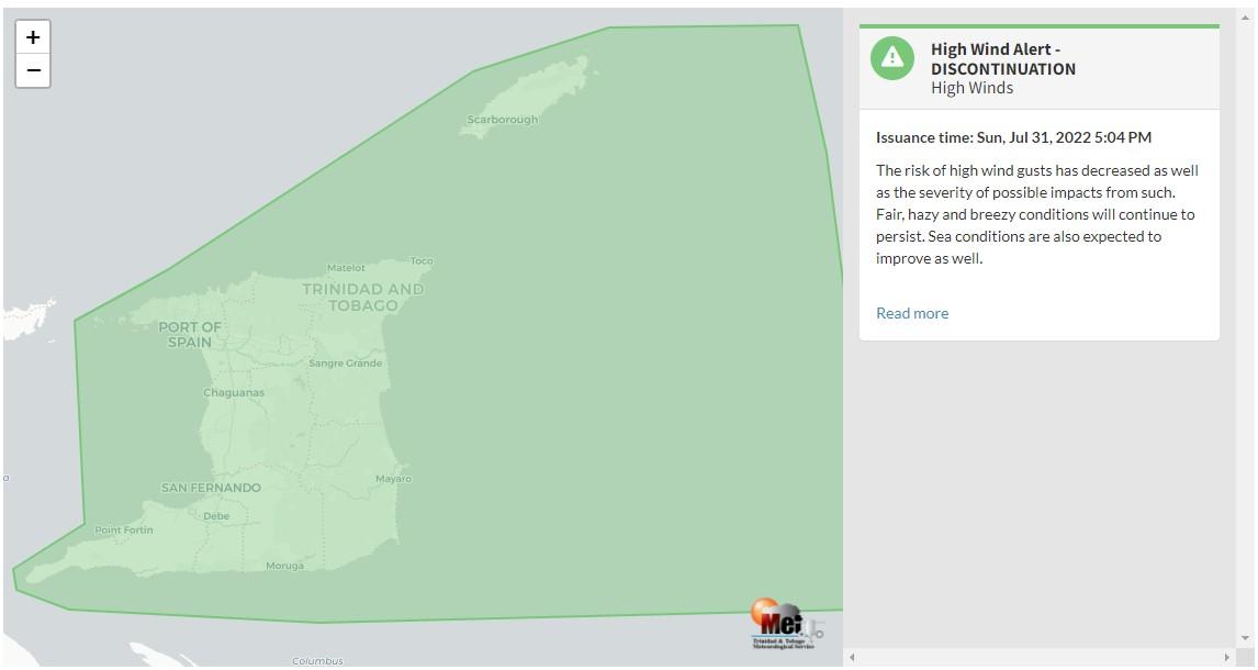 Information concerning the High Wind Alert Discontinuation from the Trinidad and Tobago Meteorological Service