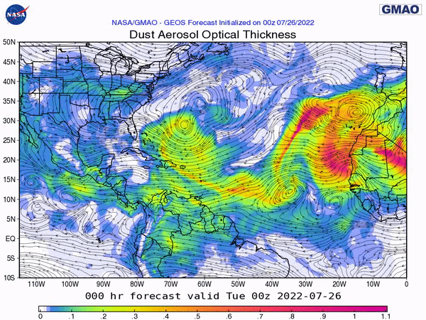 00Z Tuesday, July 26th, 2022, NASA GEOS-5 Dust Extinction Model Monitoring Tropical Atlantic Sulphates Aerosol Optical Total showing Saharan Dust