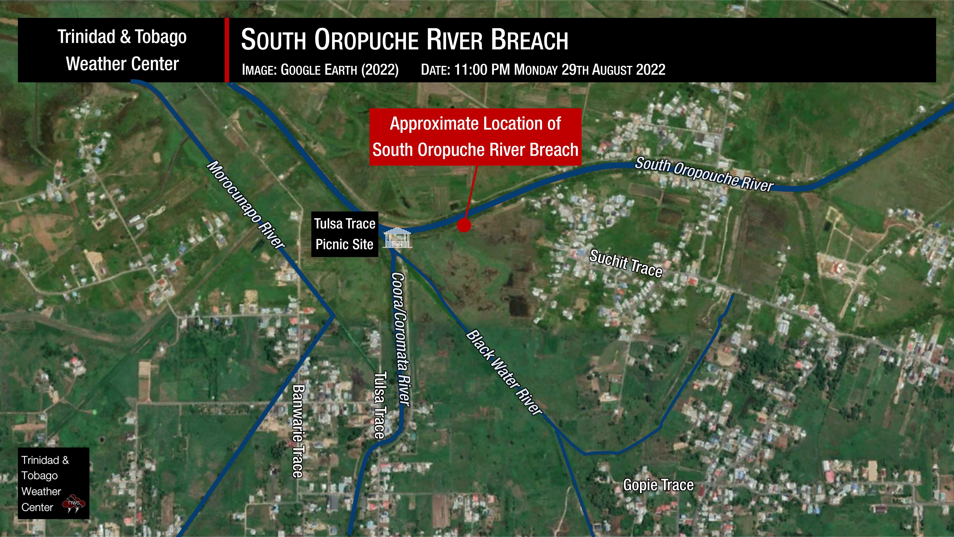 Site of the South Oropouche River Breach (TTWC, Google Earth, MAXAR Images)