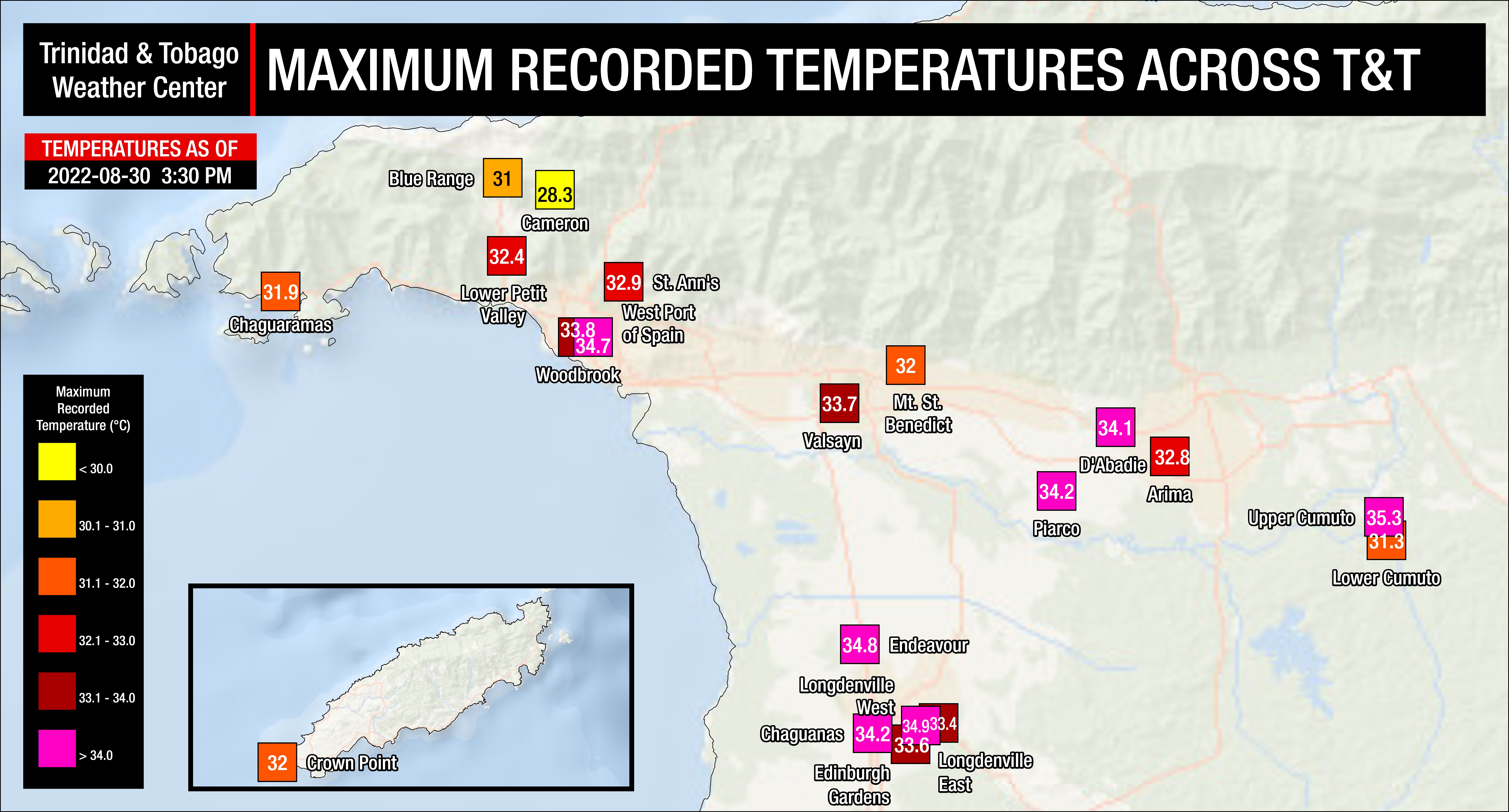 Maximum high temperatures recorded across Trinidad and Tobago as of 3:30 PM Tuesday, August 30th, 2022 (Data: Individual and Personal Weather Stations, as well as Automated Weather Stations from the TTMS)