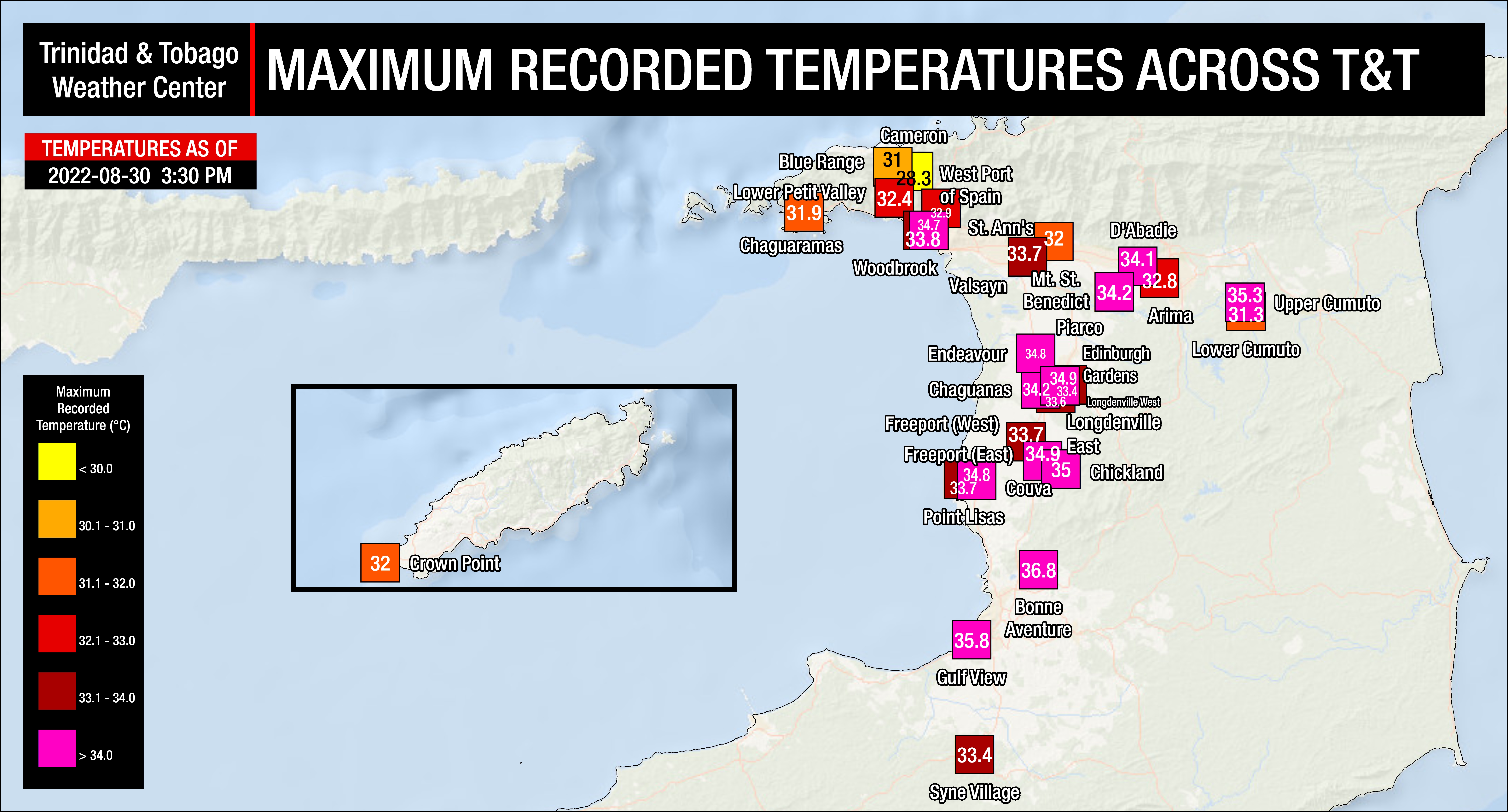 Maximum high temperatures recorded across Trinidad and Tobago as of 3:30 PM Tuesday, August 30th, 2022 (Data: Individual and Personal Weather Stations, as well as Automated Weather Stations from the TTMS)