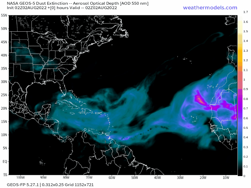 00Z Tuesday, August 2nd, 2022, NASA GEOS-5 Dust Extinction Model Monitoring Tropical Atlantic Sulphates Aerosol Optical Total showing Saharan Dust