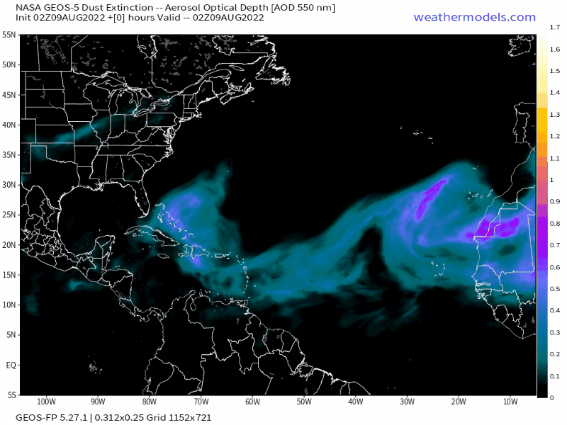 00Z Tuesday, August 9th, 2022, NASA GEOS-5 Dust Extinction Model Monitoring Tropical Atlantic Sulphates Aerosol Optical Total showing Saharan Dust