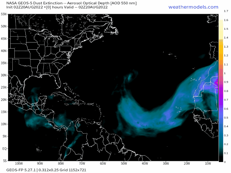 00Z Saturday, August 20th, 2022, NASA GEOS-5 Dust Extinction Model Monitoring Tropical Atlantic Sulphates Aerosol Optical Total showing Saharan Dust