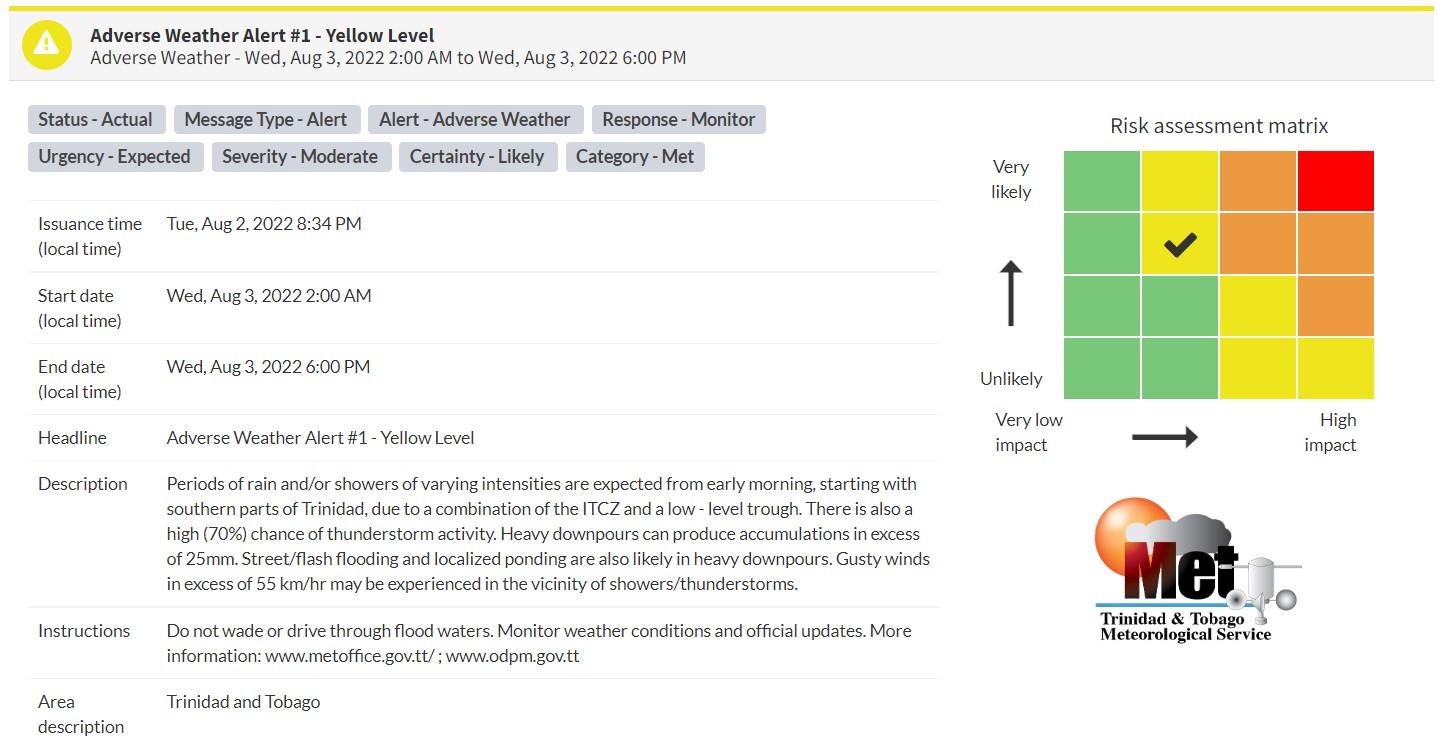 Adverse Weather Alert information from the Trinidad and Tobago Meteorological Service