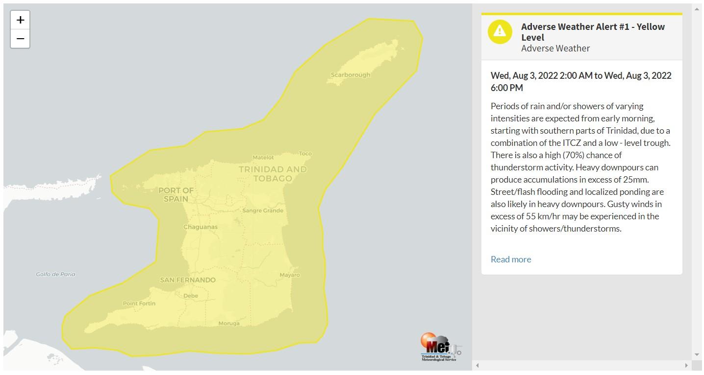Adverse Weather Alert information from the Trinidad and Tobago Meteorological Service