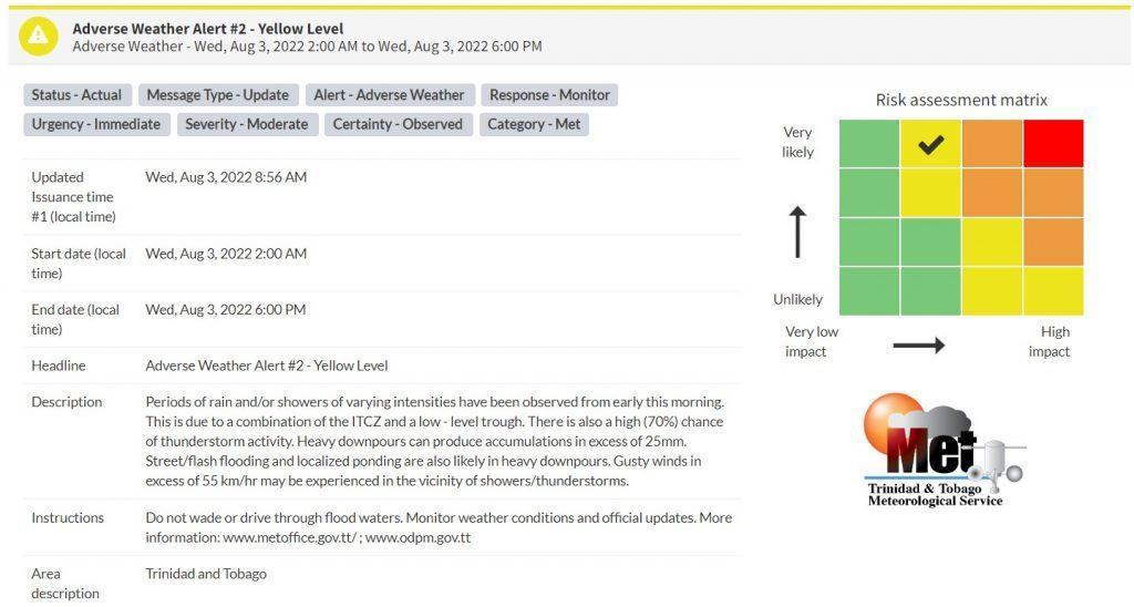 Adverse Weather Alert information from the Trinidad and Tobago Meteorological Service