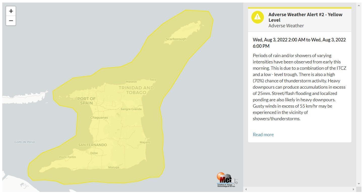Adverse Weather Alert information from the Trinidad and Tobago Meteorological Service
