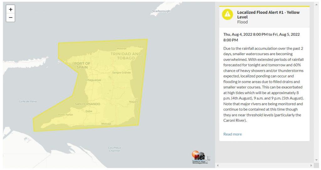 Localized Flood Alert information from the Trinidad and Tobago Meteorological Service