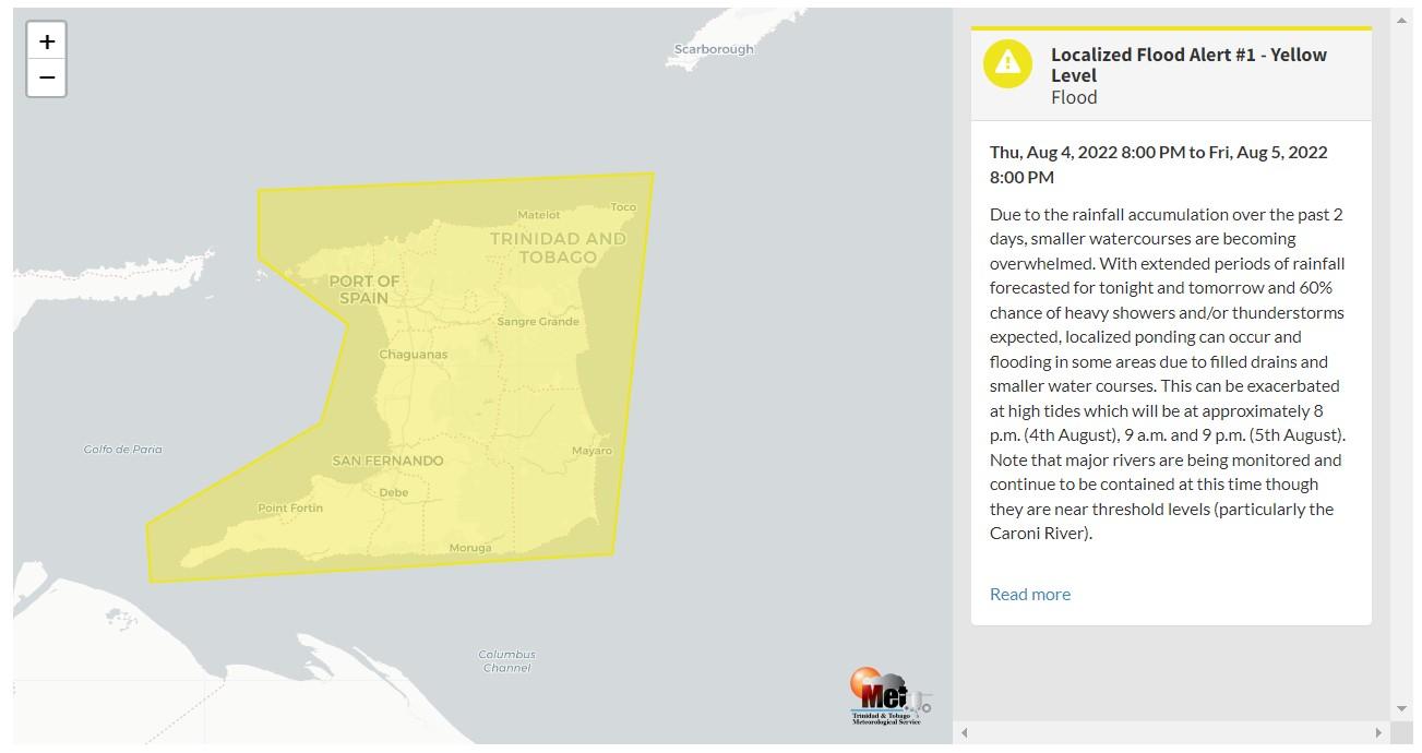 Localized Flood Alert information from the Trinidad and Tobago Meteorological Service