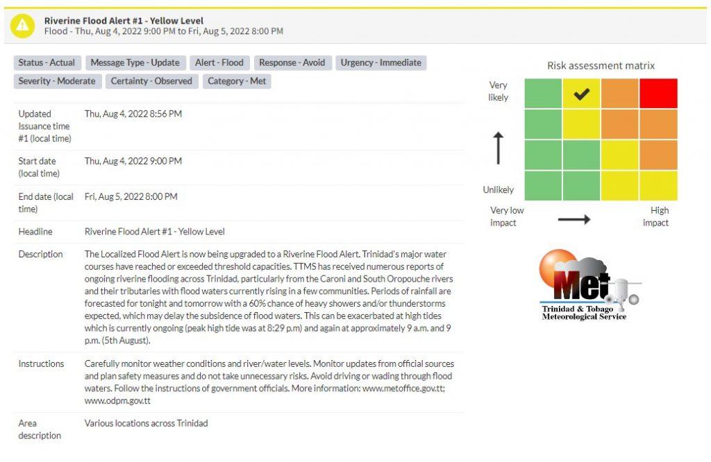 Riverine Flood Alert information from the Trinidad and Tobago Meteorological Service