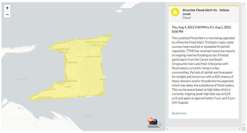 Riverine Flood Alert information from the Trinidad and Tobago Meteorological Service