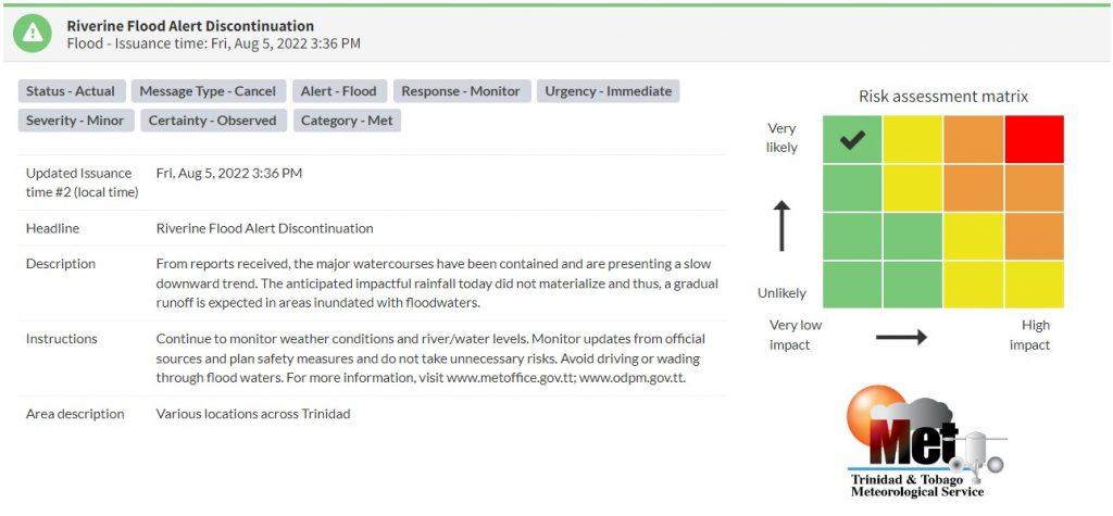 Riverine Flood Alert information from the Trinidad and Tobago Meteorological Service