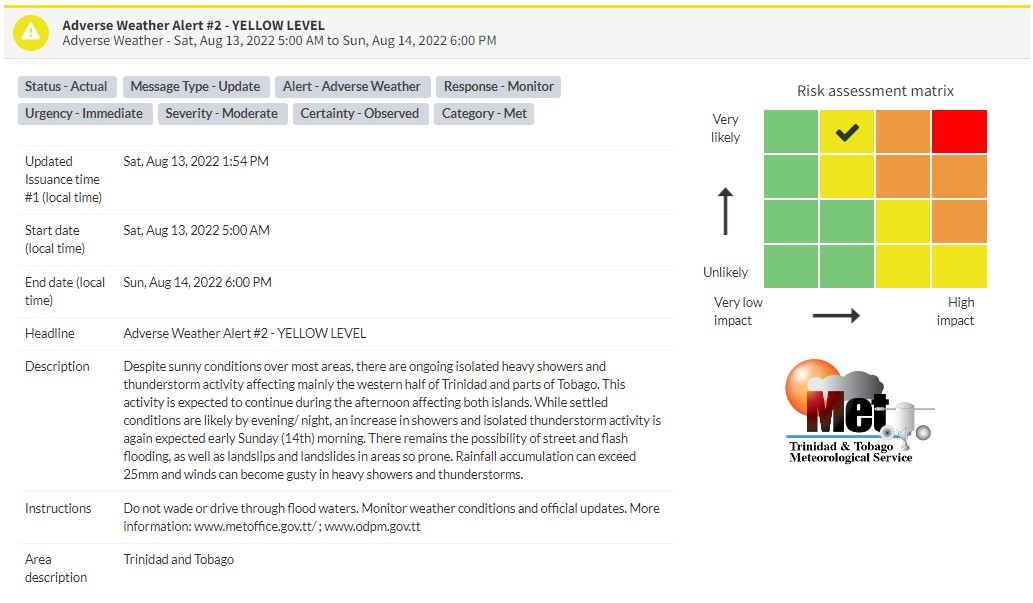 Adverse Weather Alert information from the Trinidad and Tobago Meteorological Service